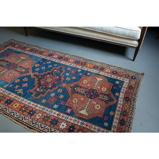 Antique 1920s Armenian Medallion Geometric Floral Abrash Light Blue Orange Terracotta - 3’9” X 6'10" For Sale - Image 9 of 11