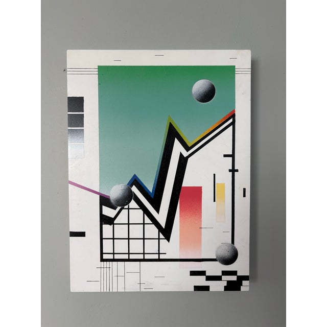 Memphis Group Original Postmodern New Wave Hard Edge Graphic Airbrushed Painting For Sale - Image 4 of 9