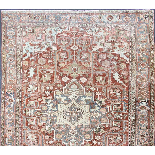 Persian Heriz With Geometric Medallion in Soft Red, Gray Blue With Soft Greens 7'6 X 10'8 For Sale - Image 4 of 13