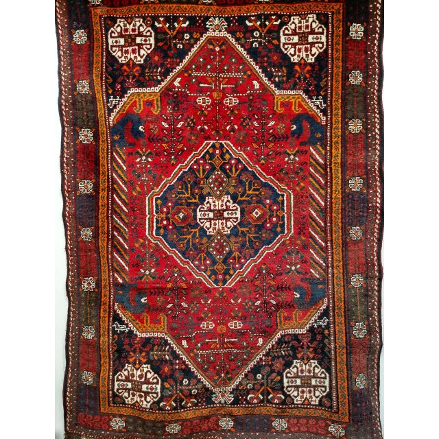 Red Vintage Persian Qashqai Tribal Area Rug, Hand-Knotted Wool, Vegetable Dye, Geometric Medallions, 6x8, Red & Navy For Sale - Image 8 of 15