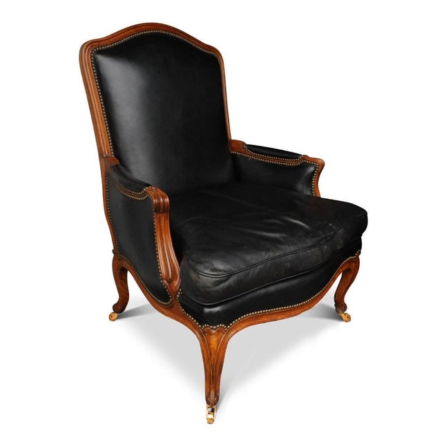 Louis XV French Black Leather Bergere Armchair with Brass Stud Detailing For Sale - Image 4 of 6