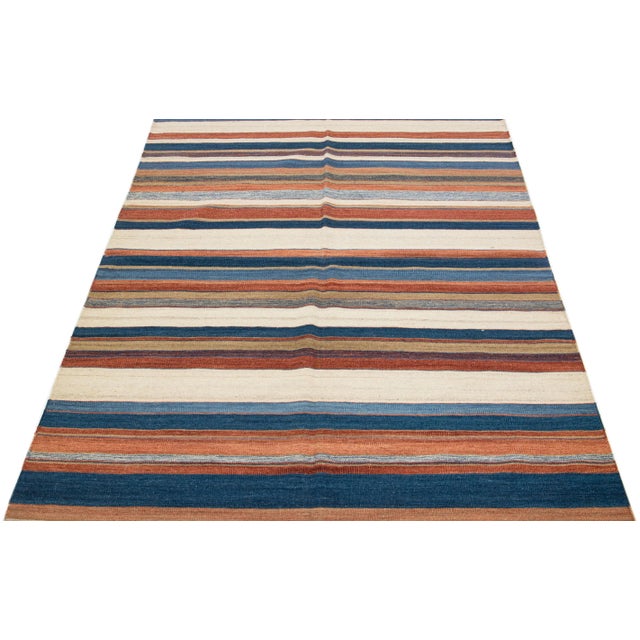 Modern 2020s Modern Kilim Handmade Multicolor Geometric Wool Rug For Sale - Image 3 of 7