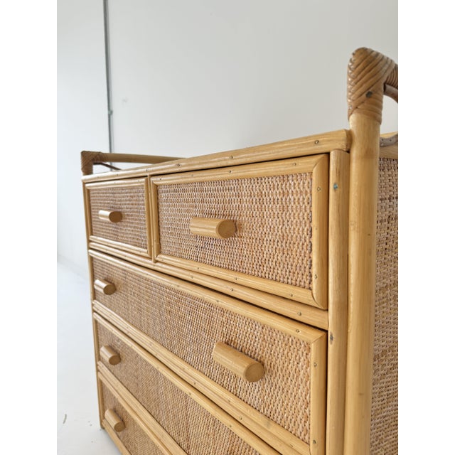 Brown Vintage Glass Top Wicker Five-Drawer Chest of Drawers in Angraves Style, 1970s For Sale - Image 8 of 17