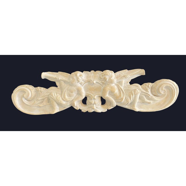 Sculpture Materials MId Century Chalkware, Baroque Over Door Pediment, Putti-Cherubs, Trumpets, Gargoyle Face 21.5" Wide For Sale - Image 7 of 18