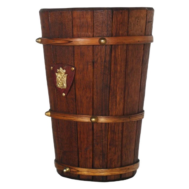 Art Deco Oak Umbrella Holder with Gold Metal Coat of Arms, 1926 For Sale