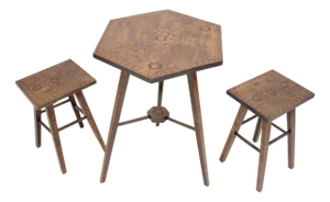 Hand Carved Folk Table and Stools, Former Czechoslovakia, 1960s, Set of 3
