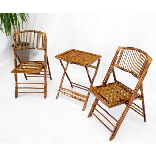 Burnt Bamboo Vintage Folding Cafe Occasional Table w/ Two Matching Chairs Set MINT! Table Dimensions: 15d x 20w x 25h