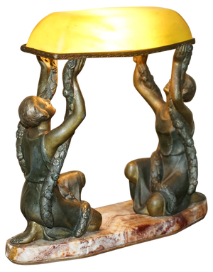 Antique French Art Deco Cold Painted Bronze Table Lamp with Marble Base