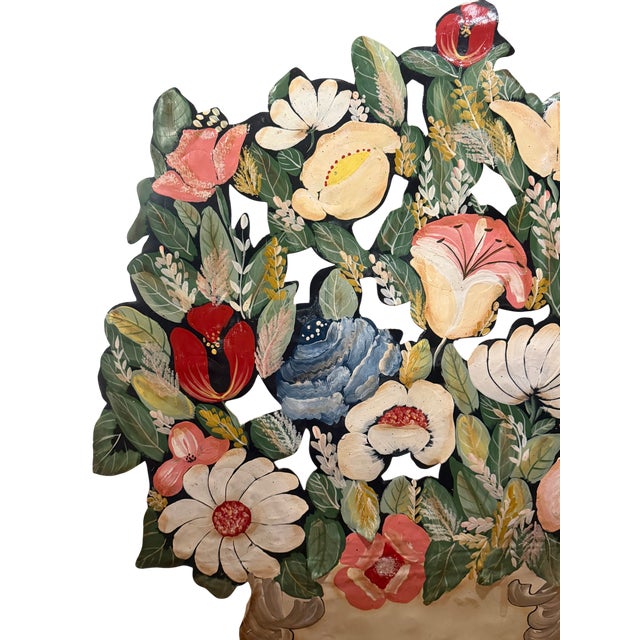 Vintage Folk Art Hand-Painted Tole Floral Fireplace Screen For Sale - Image 9 of 13