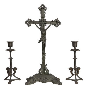 Crucifix and Candlesticks by P.L. Vombach, Germany, Set of 3