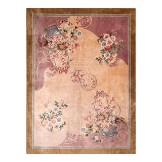 1980s Tan Ecru Flower Vintage Chinese Silk Rug 9' X 12' Handknotted Carpet For Sale