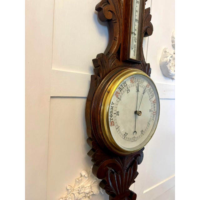 Antique Carved Oak Aneroid Barometer with Thermometer, 1890 For Sale - Image 4 of 11