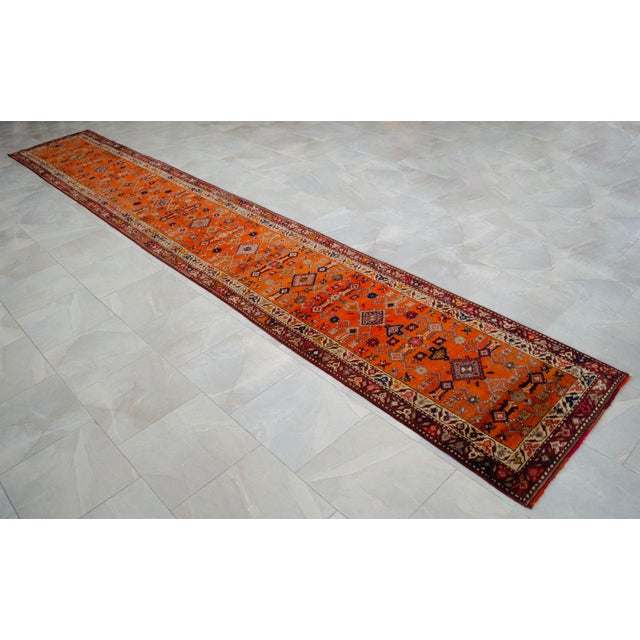Orange Hand-Knotted Turkish Runner Rug Extra Long Hallway Decor Stair Runner - 2′9″ × 17′7″ For Sale - Image 8 of 17