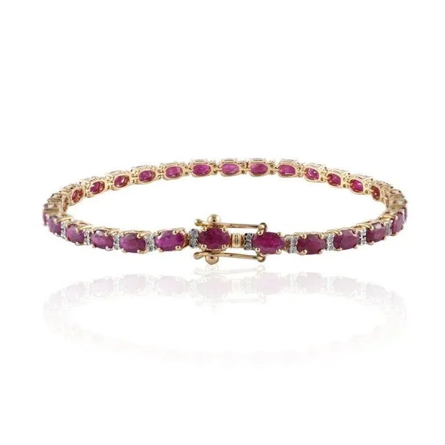 Not Yet Made - Made To Order 9.36 Carat Genuine Ruby Diamond Birthstone Tennis Bracelet in 14k Yellow Gold For Sale - Image 5 of 12