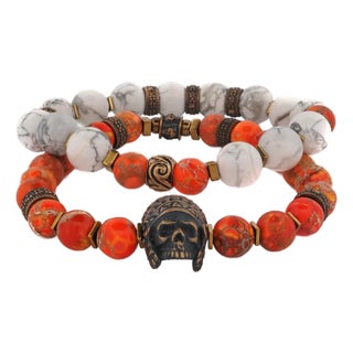 Warrior Soul Bronze Indian Chief & Jasper Beaded Bracelet Set For Sale