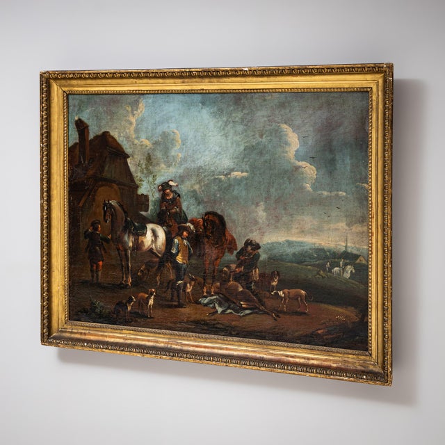 After August Querfurt, Hunting Party, 1800s, Oil on Canvas For Sale - Image 4 of 12