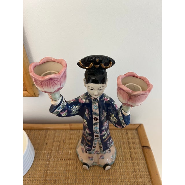 Chinese Export Famille Rose Figural Candlestick Lotus Candle Holder For Sale - Image 9 of 11