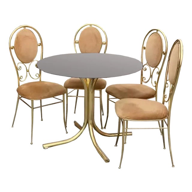 Vintage Italian Brass Dining Chairs and Table by Paolo Salice, 1970s, Set of 5 For Sale