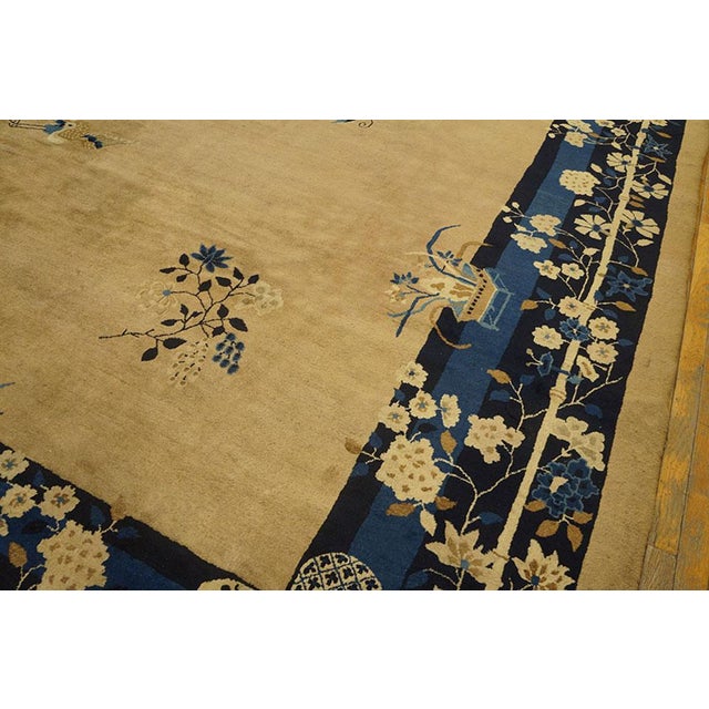 1900s Beige Floral Vase Deco Antique Peking Square Room Size Wool Rug For Sale - Image 4 of 6