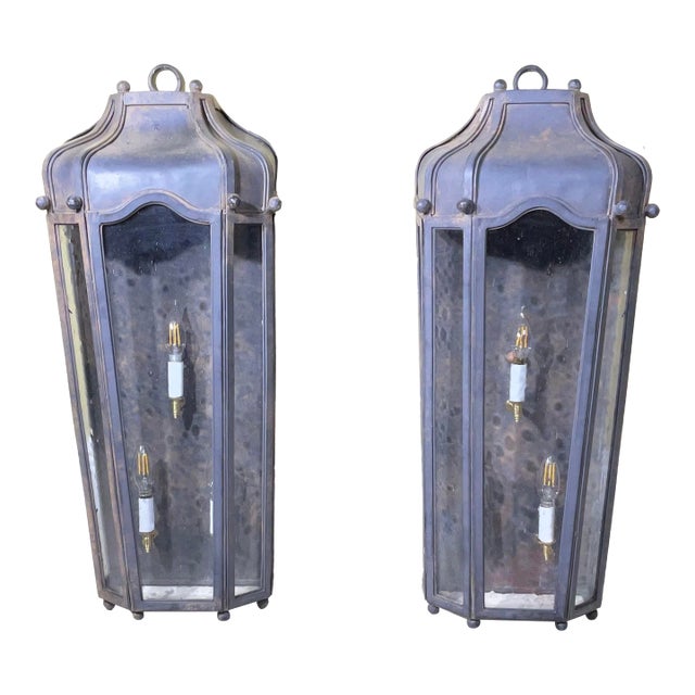 Large Exceptional Pair of Hand-Forged Iron Wall Lanterns Architectural Sconces For Sale