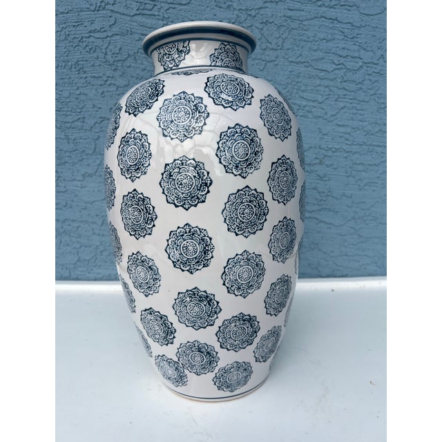 Modern Pair of Tall Vases With Blue Floral Medalions-2 For Sale - Image 3 of 6