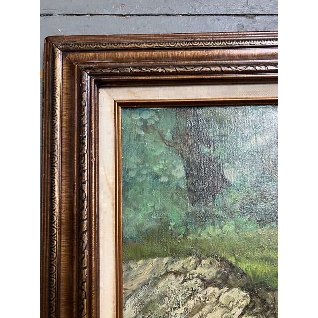 Traditional 1950’s Original Large Dog Painting of Foxhound Baying Wood-Lined Field Signed Original Frame For Sale - Image 3 of 7