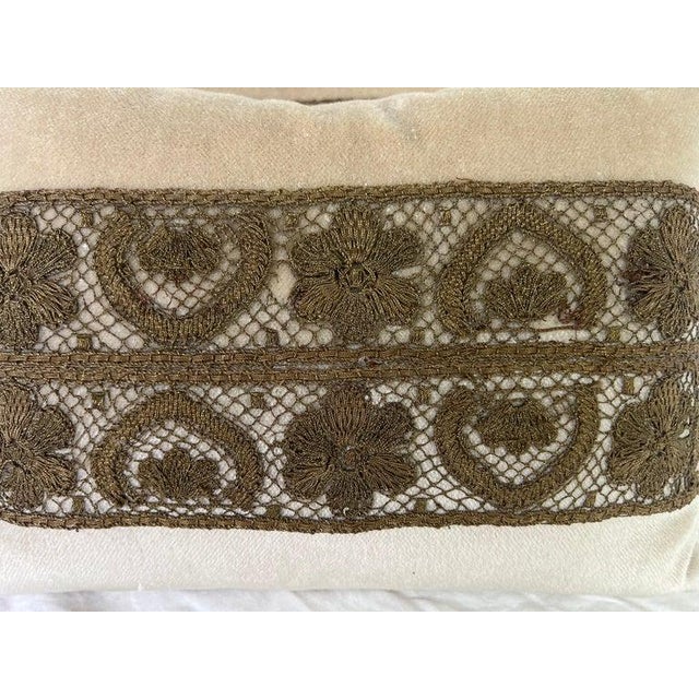 French Petite Velvet Pillows With Antique French Metallic Lace For Sale - Image 3 of 6