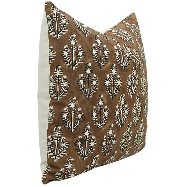 Art Deco Handblock Printed Floral Designer Cushion Cover 24x24 - Neelgagan For Sale - Image 3 of 4