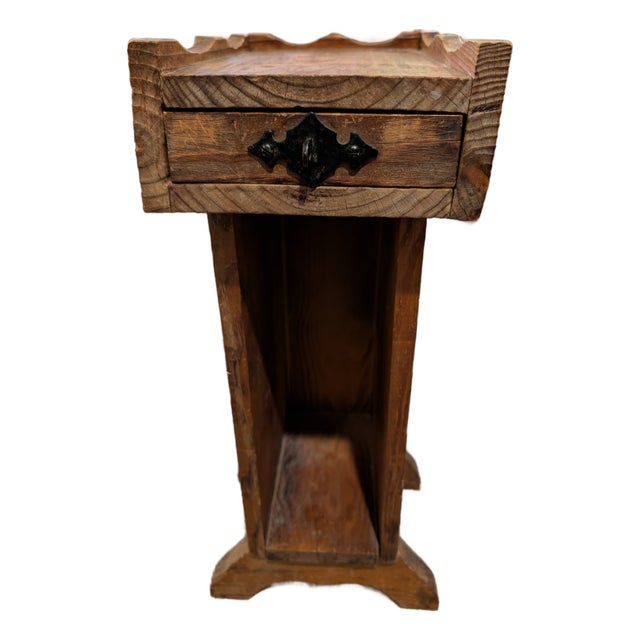 1970s Spanish Mediterranean Brutalist Carved Pine Pedestal Side Table For Sale