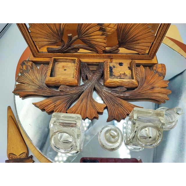 Art deco carved Hutsul wooden inkwell, diary, pen, dimensions: inkwell height 12.5 cm, width 27.5 cm, depth 16.5 cm, diary...