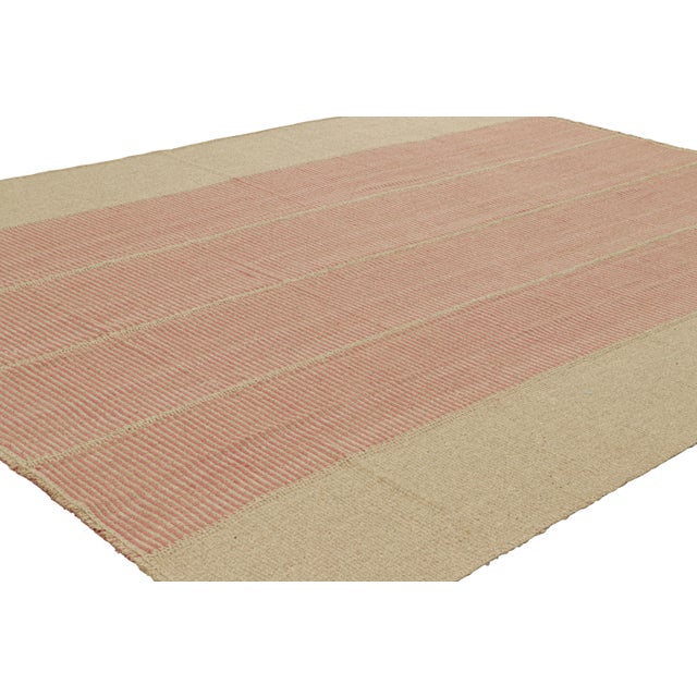 Rug & Kilim Rug & Kilim’s Contemporary Kilim With Textural Beige and Pink Stripes For Sale - Image 4 of 7