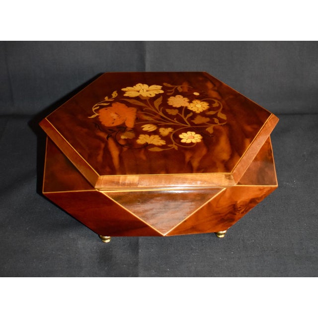 Vintage: 1960's Music Jewelry Box has a Hexagon Shape Made by Sorrento. Inlaid Walnut & Exotic Woods with a Floral Motif....