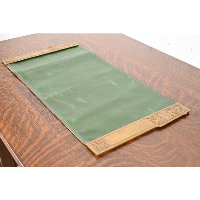 Art Deco Tiffany Studios New York American Indian Bronze Doré Blotter Ends With Leather Desk Blotter For Sale - Image 3 of 12