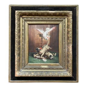 Johann Hartung, Cockatoo and Pugs, 19th Century, Oil on Board, Framed