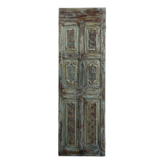 Vintage Carved Wood Sliding Barn Door in Weathered Green Sliding Barndoor 80x26 For Sale