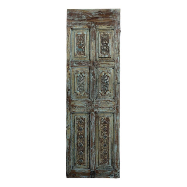 Vintage Carved Wood Sliding Barn Door in Weathered Green Sliding Barndoor 80x26 For Sale