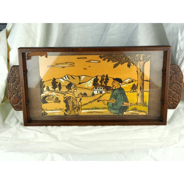 1920s French Art Deco Basque Jupiberry Hanging Tray With Country Mountain Landscape, Elderly Couple With Beret and Pie For Sale - Image 6 of 12