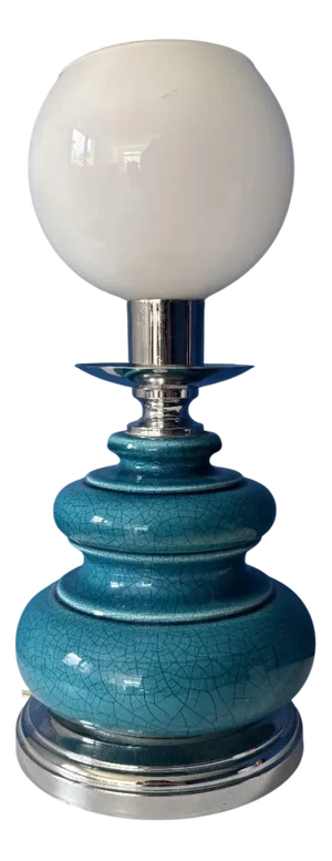 Vintage Lamp in Turquoise Blue Glazed Cracked Ceramic with Chrome Base and Opaline Globe