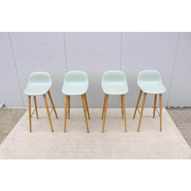 Baby Blue Danish Modern Iskos-Berlin for Muuto Leather Fiber Bar Stools Oak Base, Set of 4 For Sale - Image 8 of 18
