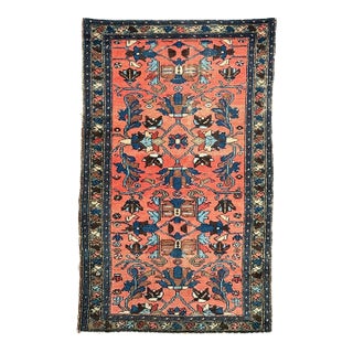 Coral & Blues Open Artistic Vintage Lilihan Hamadan Geometric Vines Rug 3.7 x 6.6 For Sale