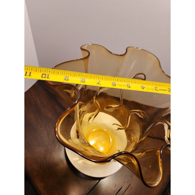 Glass Vintage Mid Century Murano Amber Art Glass Ruffled Vase Applied Trail 15" For Sale - Image 7 of 8