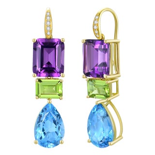 GemFusion 14.45ctw Amethyst Peridot Topaz Diamond Convertible Drop Earrings in 14k Yellow Gold-Set of 2 For Sale