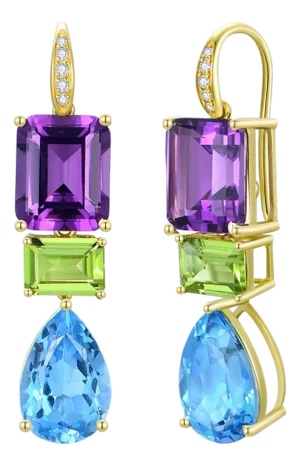 GemFusion 14.45ctw Amethyst Peridot Topaz Diamond Convertible Drop Earrings in 14k Yellow Gold-Set of 2