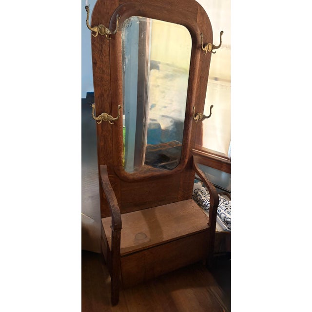 Victorian Turn-of-the-Century Victorian Carved Oak Hall Tree Bench With Original Brass Hardware & Mirror For Sale - Image 3 of 12