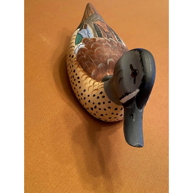 Vintage Signed 1983 Hutch Wooden Duck Decoy Glass Eyes Blue Wing Teal