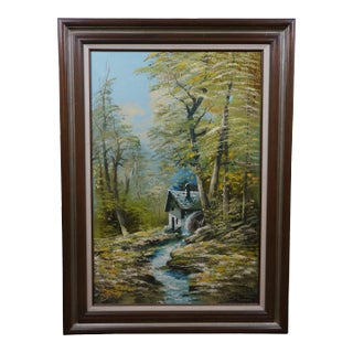 Horst Hoppman German Mid Century Water Mill Landscape Oil Painting 45" For Sale