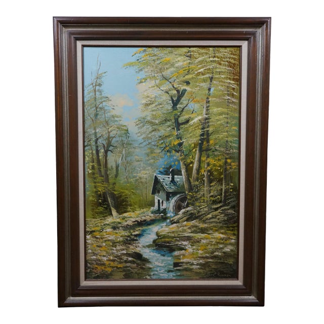 Horst Hoppman German Mid Century Water Mill Landscape Oil Painting 45" For Sale