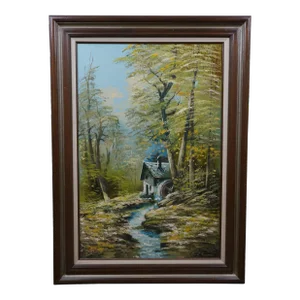 Horst Hoppman German Mid Century Water Mill Landscape Oil Painting 45"
