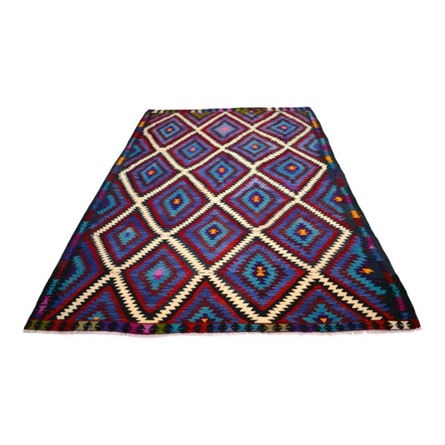 1970s Turkish Rug Handmade Colorful Kilim Rug Living Room Decor - 5′11″ × 9′1″ For Sale