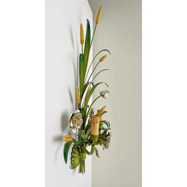 1960s Painted Tole Flower and Wheat Wall Lamp, 1960s For Sale - Image 5 of 12